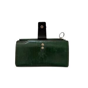 Vintage Green Leather Wallet Clutch Snap Closure Multi Card Organizer